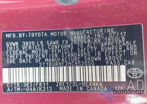 2017 Toyota Corolla Le из США, поврежденный, VIN 2T1BURHE2HC952050